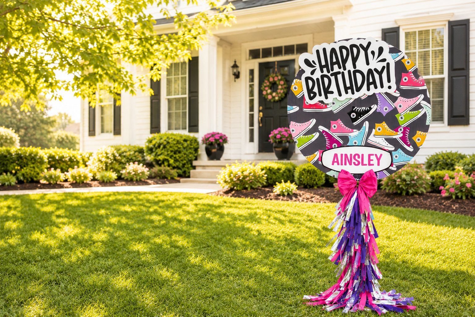 A celebration yard sign on a Lubbock lawn